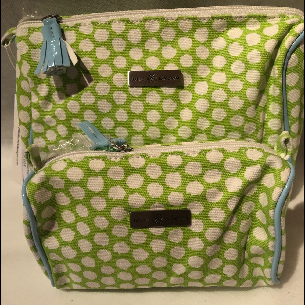 NWT Julie Brown 2 piece green polka dot clutch and mini clutch/cosmetic case set